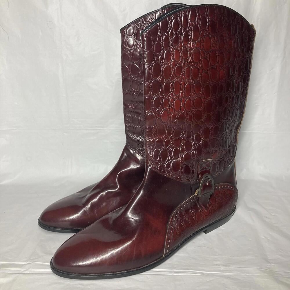 Men’s 10.5 Vero Cuoio Italian Made Red Leather Crocodile Print Mid Calf Boots